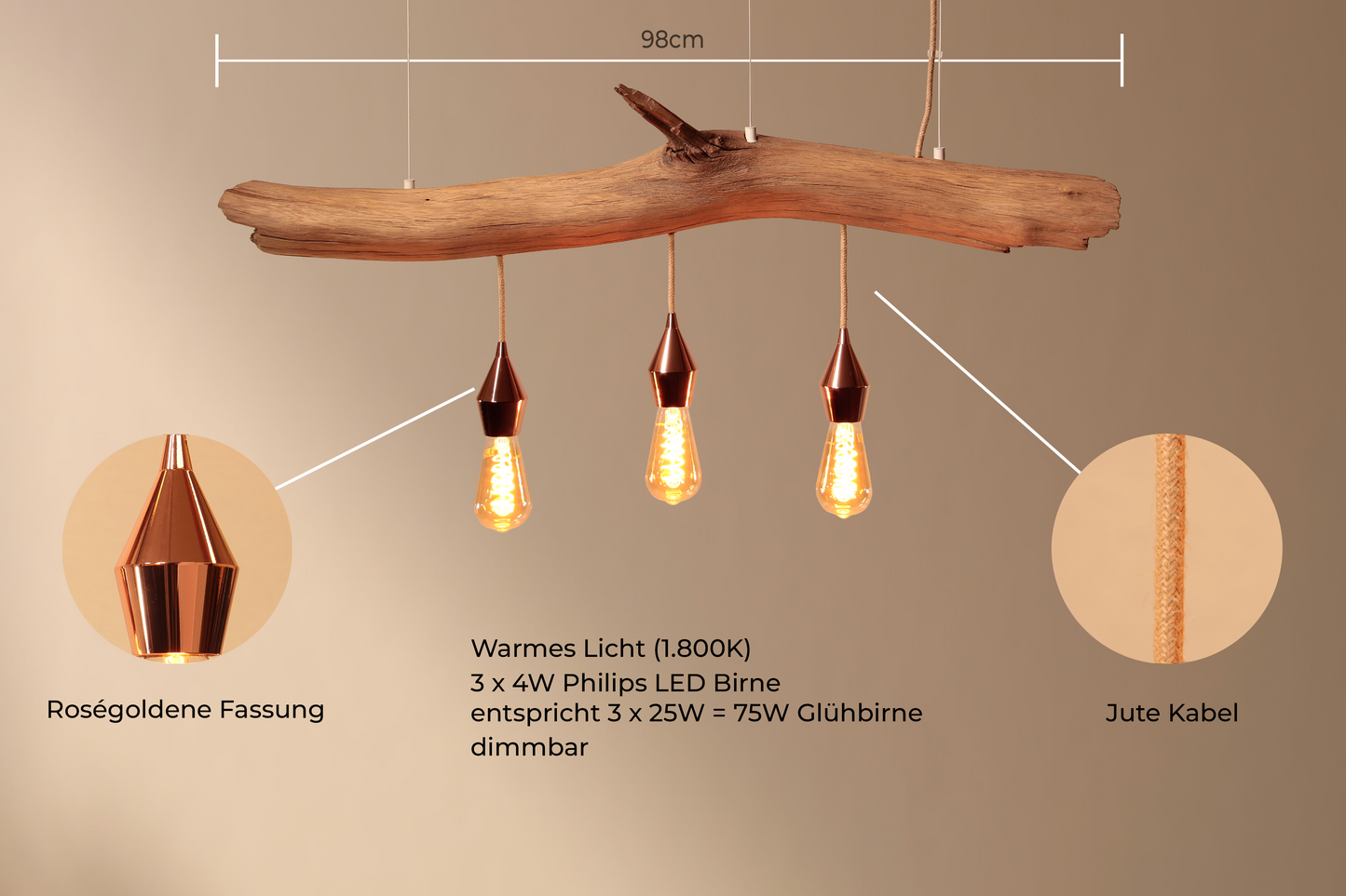 Lampe de table à manger - fait main pièce unique - 98cm branche de chêne - LED-Retro