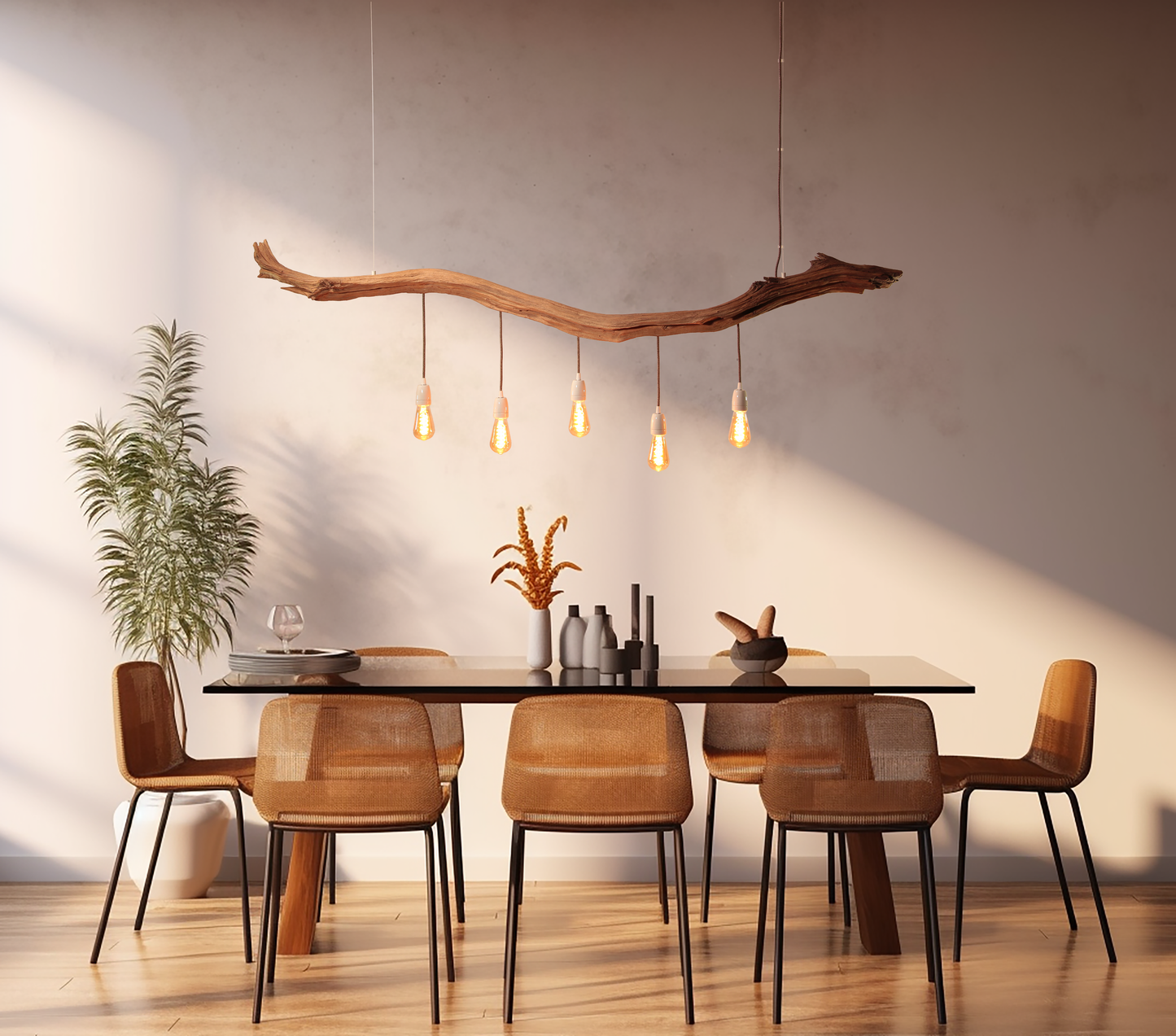 Lampe de table à manger - fait main pièce unique - 190cm branche de chêne - LED-Retro