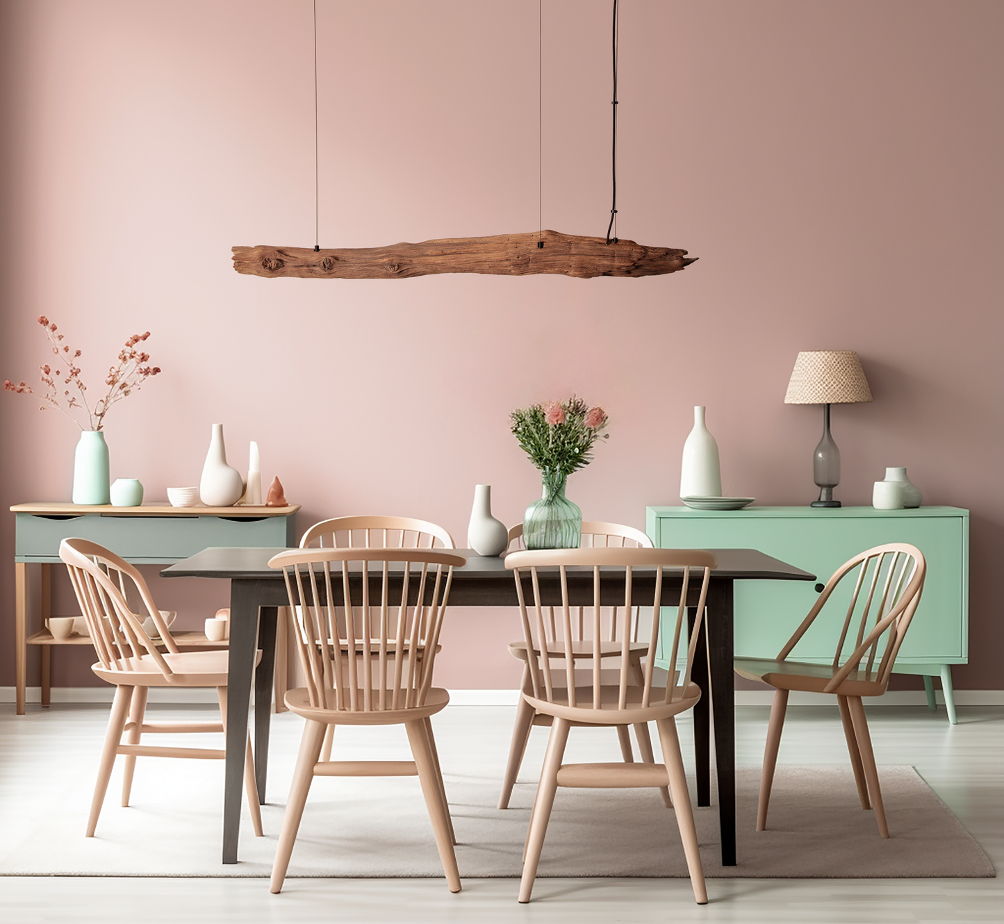 LED lampe de table à manger - fait main pièce unique - 133cm branche de chêne