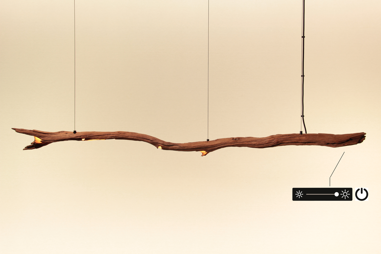 Lámpara de mesa para comedor —pieza única hecha a mano— rama de roble de 170 cm