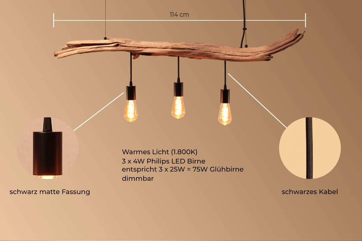 Handcrafted 114 cm oak branch pendant light "Sonne und Wind II" with black cord and matte fittings, featuring dimmable LED bulbs