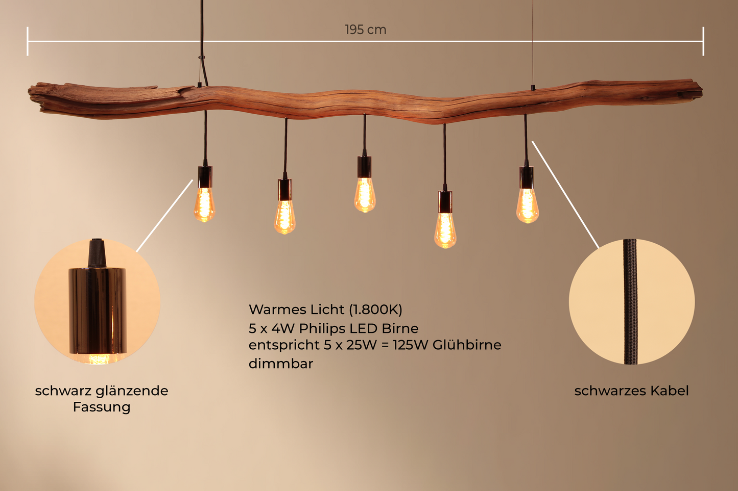 Lámpara de mesa de comedor / Rama de roble de 195 cm / "Entre la luz y la oscuridad"