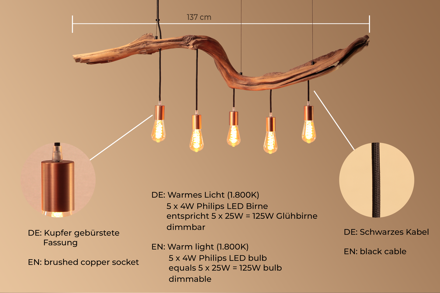 Esstischleuchte / 137 cm Eichenast / „Rolle seines Lebens“