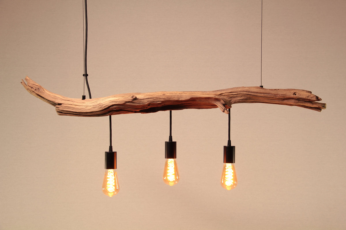 Handcrafted oak branch pendant light "Sonne und Wind II" with black cables and sockets, featuring three hanging bulbs.