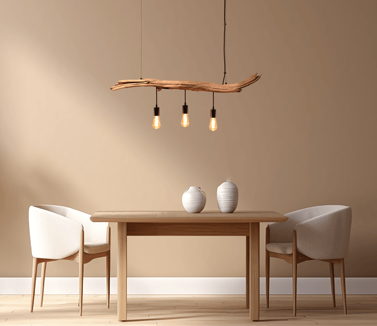 Handcrafted oak branch dining table lamp "Sonne und Wind II" with three bulbs above a minimalist wooden table and modern chairs.