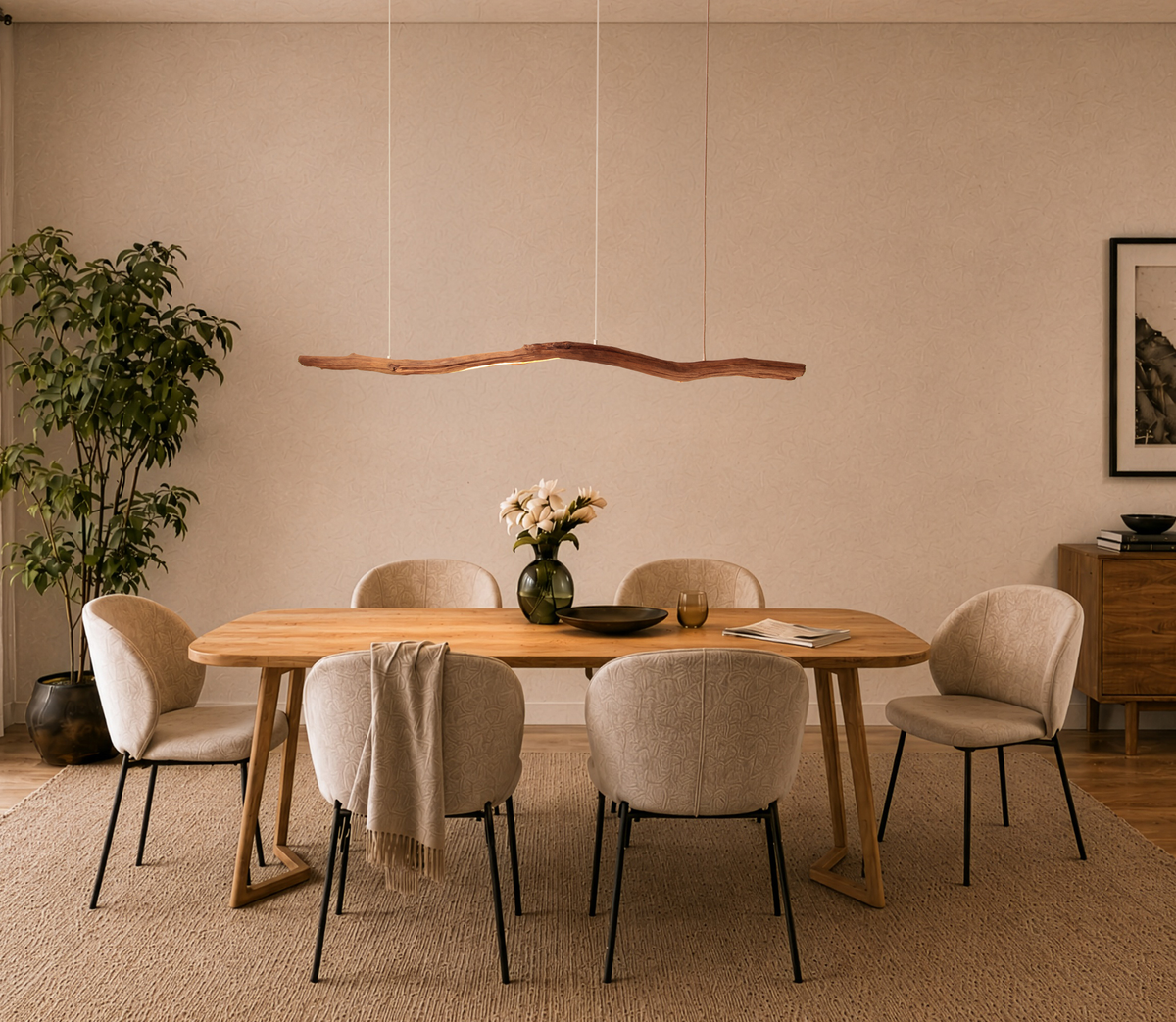 LED lampe de table à manger - fait main pièce unique - 177cm branche de chêne