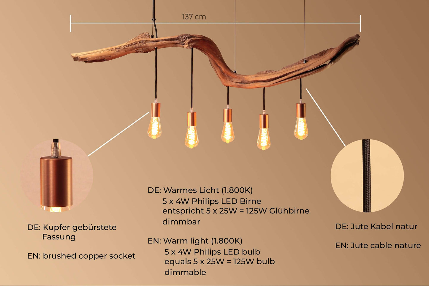 Hängelampe / 137cm langer Eichenast / Einzelstück / Holz / Ast / Pendelleuchte / Esstisch / Deckenlampe / Küchentischlampe / modern