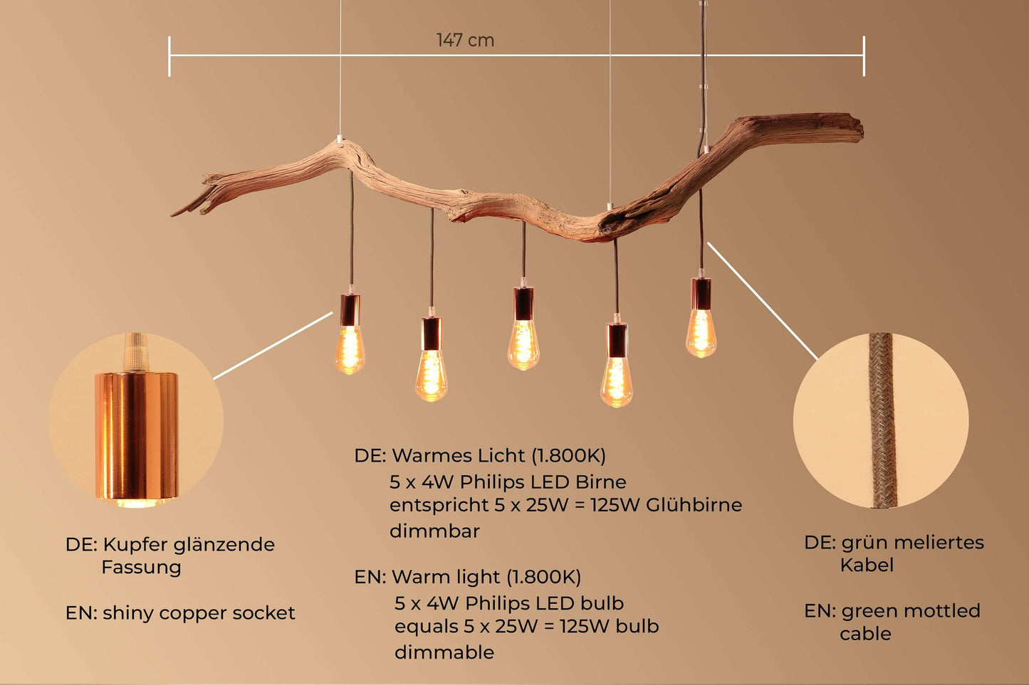 Hängelampe / 147cm langer Eichenast / Einzelstück / Holz / Ast / Pendelleuchte / Esstisch / Deckenlampe / Küchentischlampe / modern