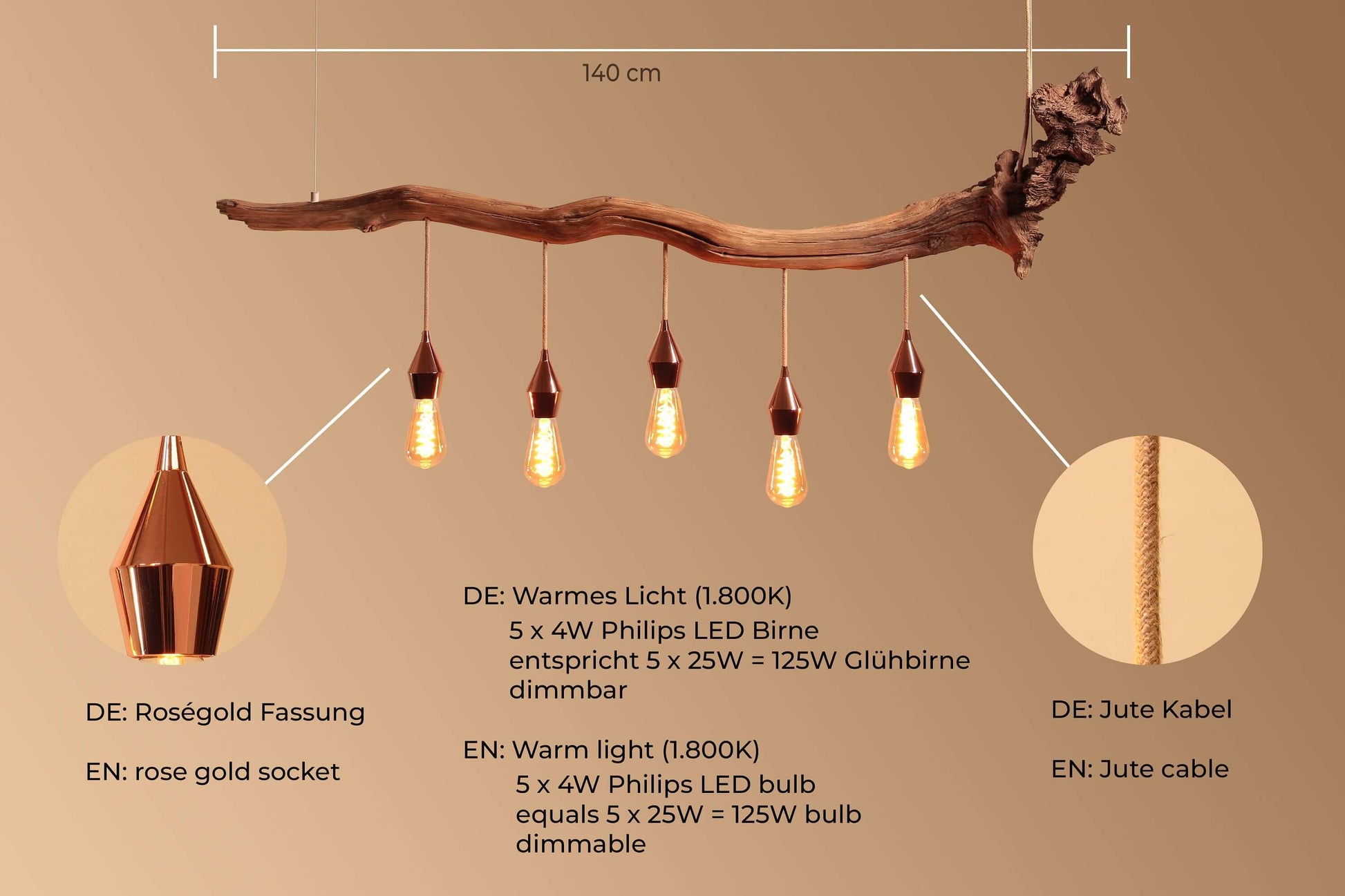 Hängelampe / 140cm langer Eichenast / Einzelstück / Holz / Ast / Pendelleuchte / Esstischlampe / Deckenlampe / Küchentisch / modern